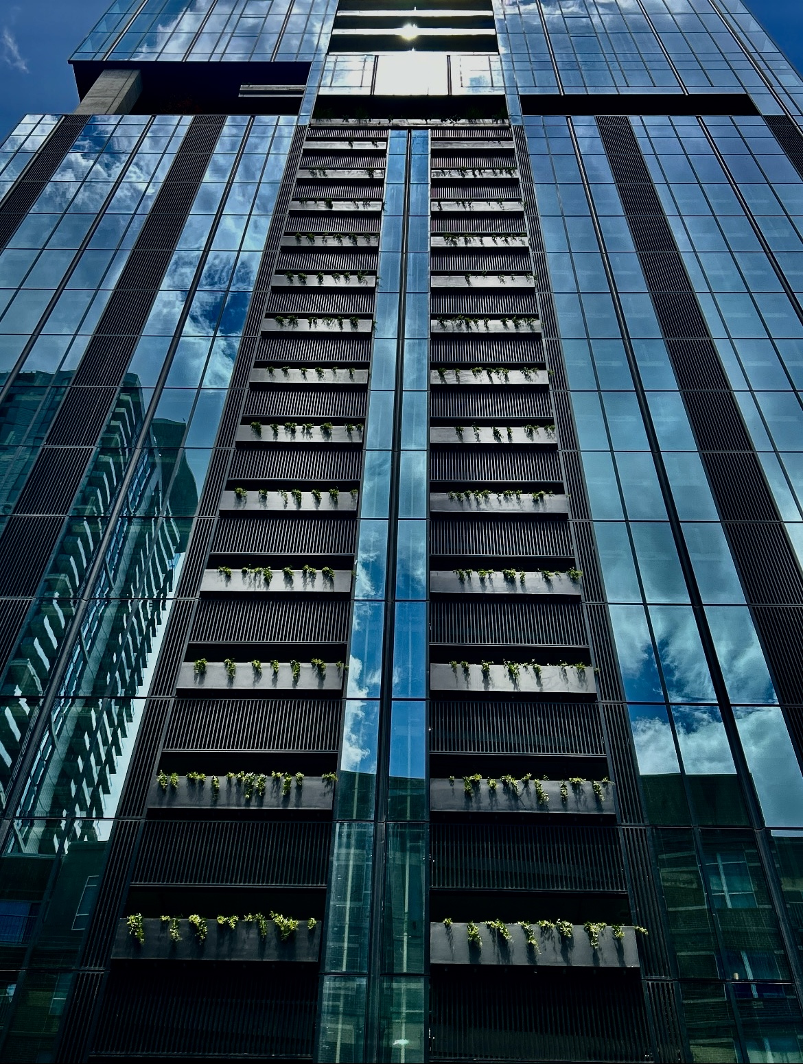Looking up the tower face at the stacked bands of planted troughs between glass